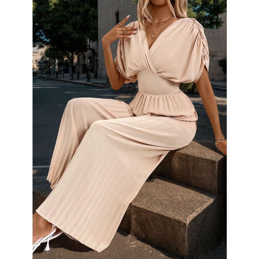 Pleated Short Sleeve Wide Leg Jumpsuit Apparel and Accessories