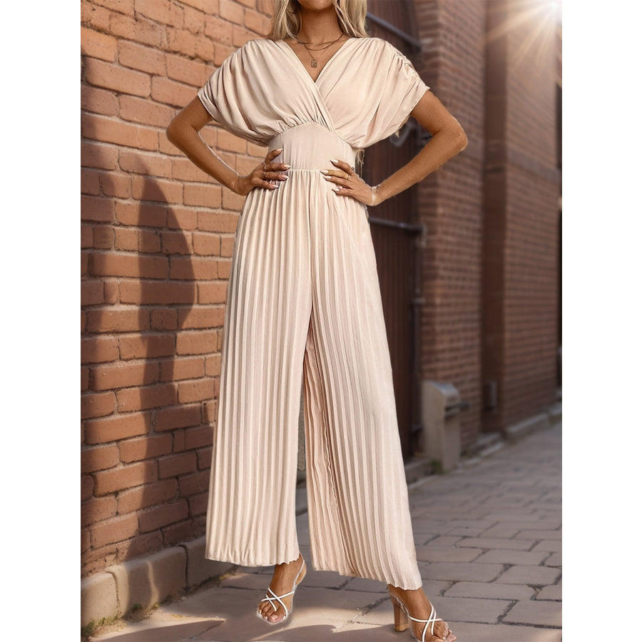 Pleated Short Sleeve Wide Leg Jumpsuit Apricot / S Apparel and Accessories