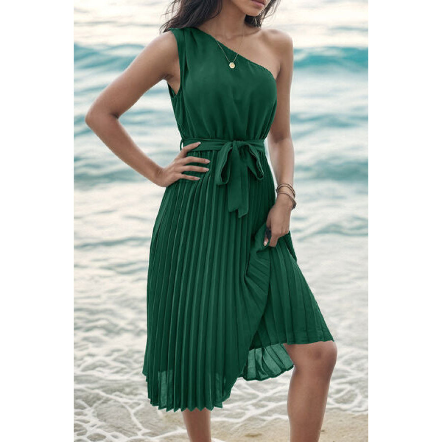 Pleated Single Shoulder Tie Waist Midi Dress Apparel and Accessories