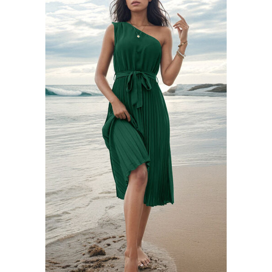 Pleated Single Shoulder Tie Waist Midi Dress Apparel and Accessories