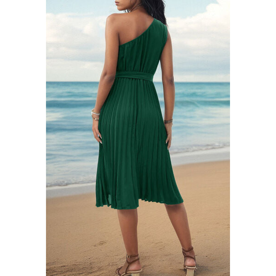 Pleated Single Shoulder Tie Waist Midi Dress Apparel and Accessories