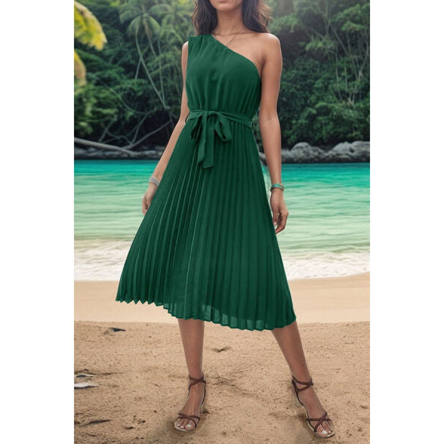 Pleated Single Shoulder Tie Waist Midi Dress Green / S Apparel and Accessories