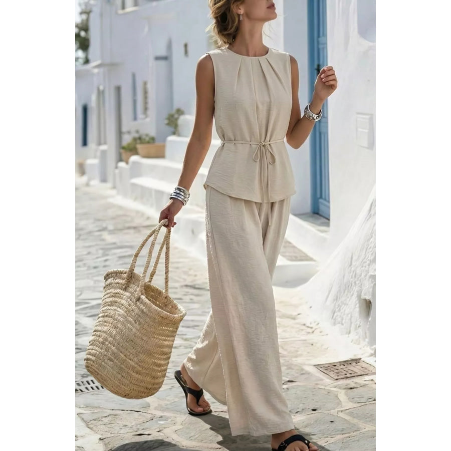 Pleated Sleeveless Top and Wide-Leg Pants Set Apparel and Accessories
