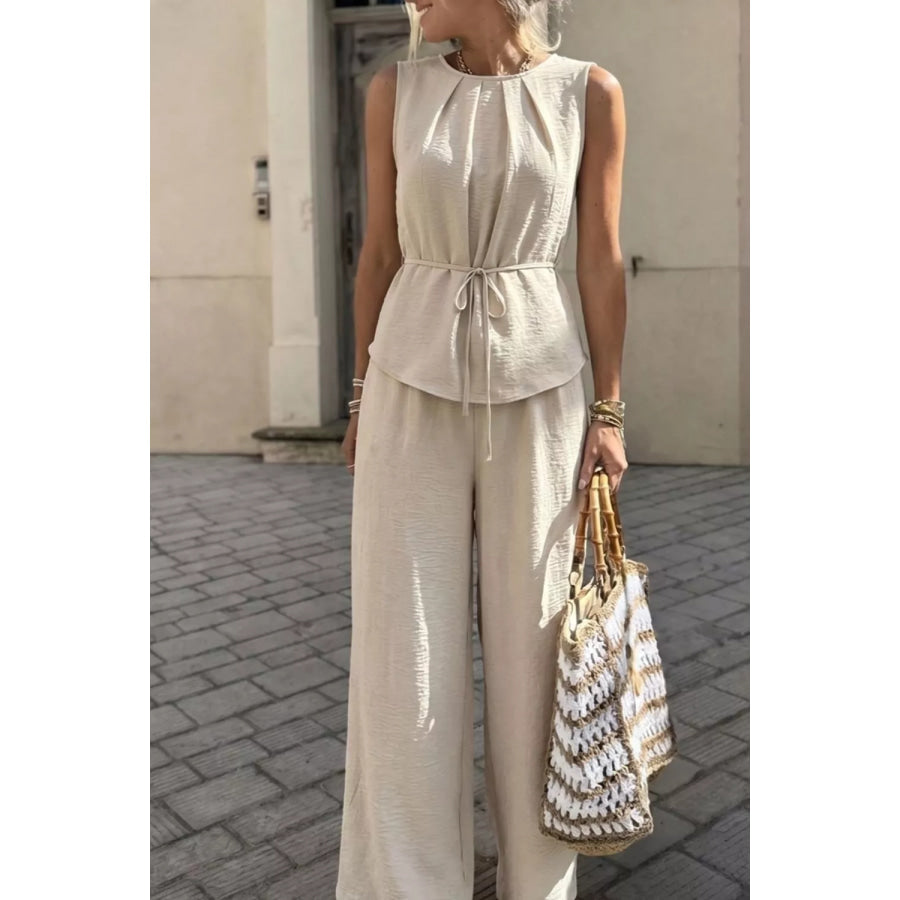 Pleated Sleeveless Top and Wide-Leg Pants Set Apparel and Accessories