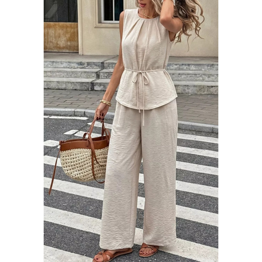 Pleated Sleeveless Top and Wide-Leg Pants Set Beige / S Apparel and Accessories