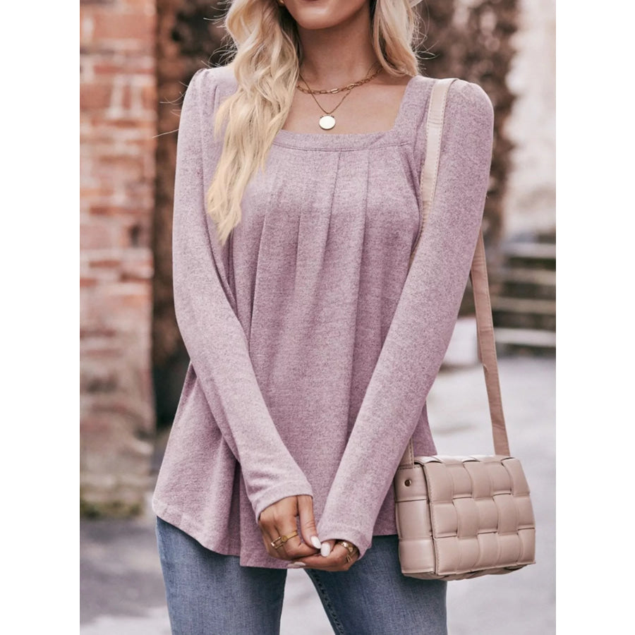 Pleated Square Neck Long Sleeve T-Shirt Apparel and Accessories