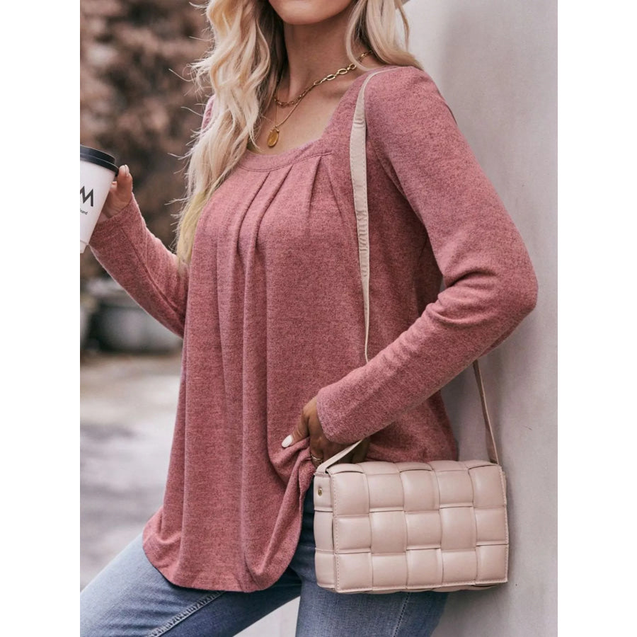 Pleated Square Neck Long Sleeve T-Shirt Apparel and Accessories