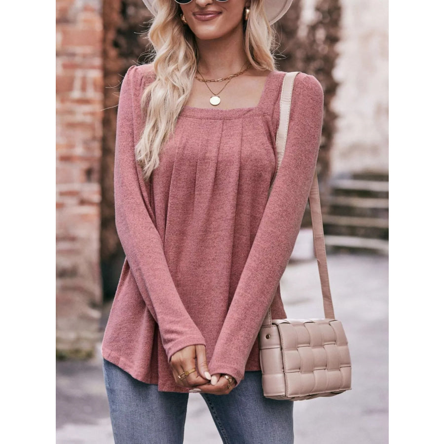 Pleated Square Neck Long Sleeve T-Shirt Apparel and Accessories