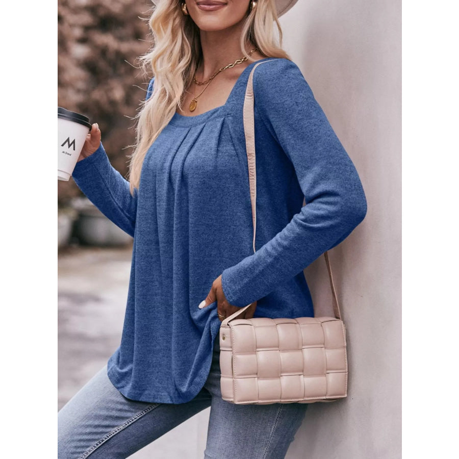Pleated Square Neck Long Sleeve T-Shirt Apparel and Accessories