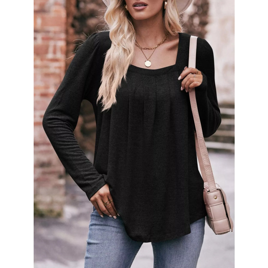 Pleated Square Neck Long Sleeve T-Shirt Apparel and Accessories
