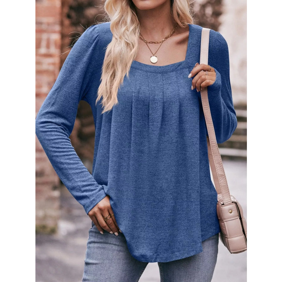 Pleated Square Neck Long Sleeve T-Shirt Apparel and Accessories