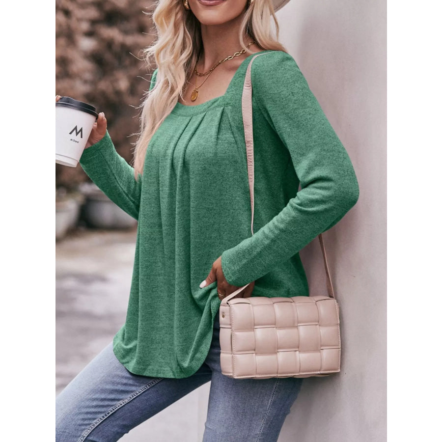 Pleated Square Neck Long Sleeve T-Shirt Apparel and Accessories