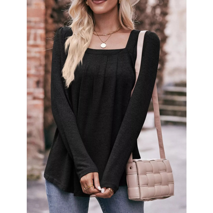 Pleated Square Neck Long Sleeve T-Shirt Apparel and Accessories