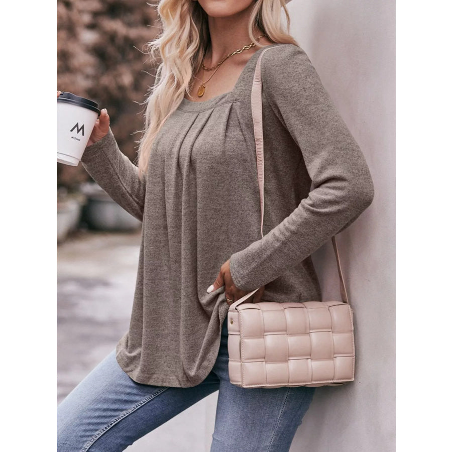 Pleated Square Neck Long Sleeve T-Shirt Apparel and Accessories