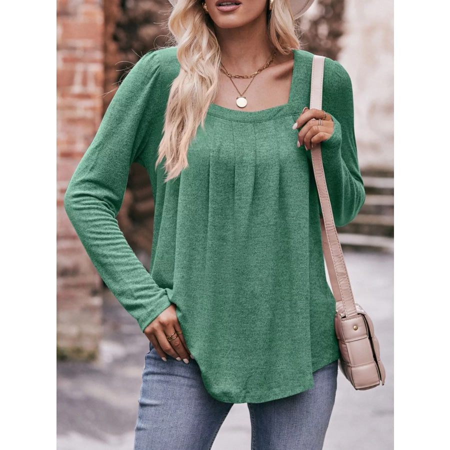 Pleated Square Neck Long Sleeve T-Shirt Apparel and Accessories