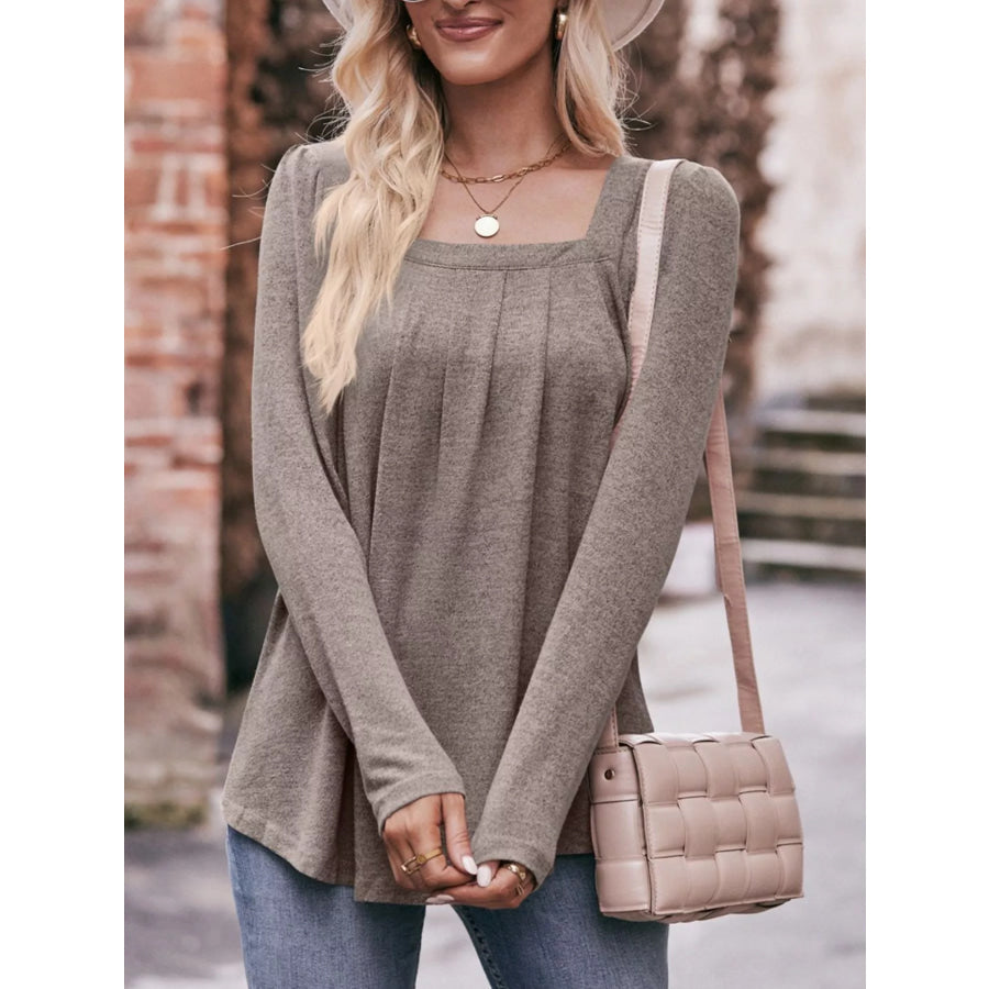 Pleated Square Neck Long Sleeve T-Shirt Apparel and Accessories