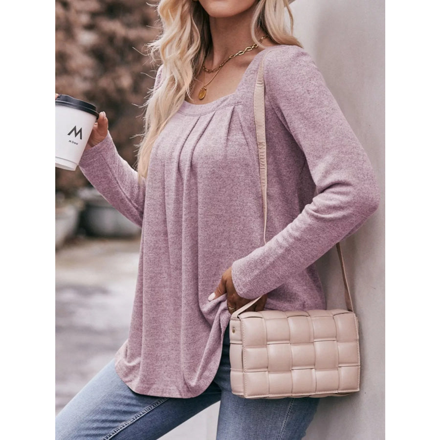 Pleated Square Neck Long Sleeve T-Shirt Apparel and Accessories