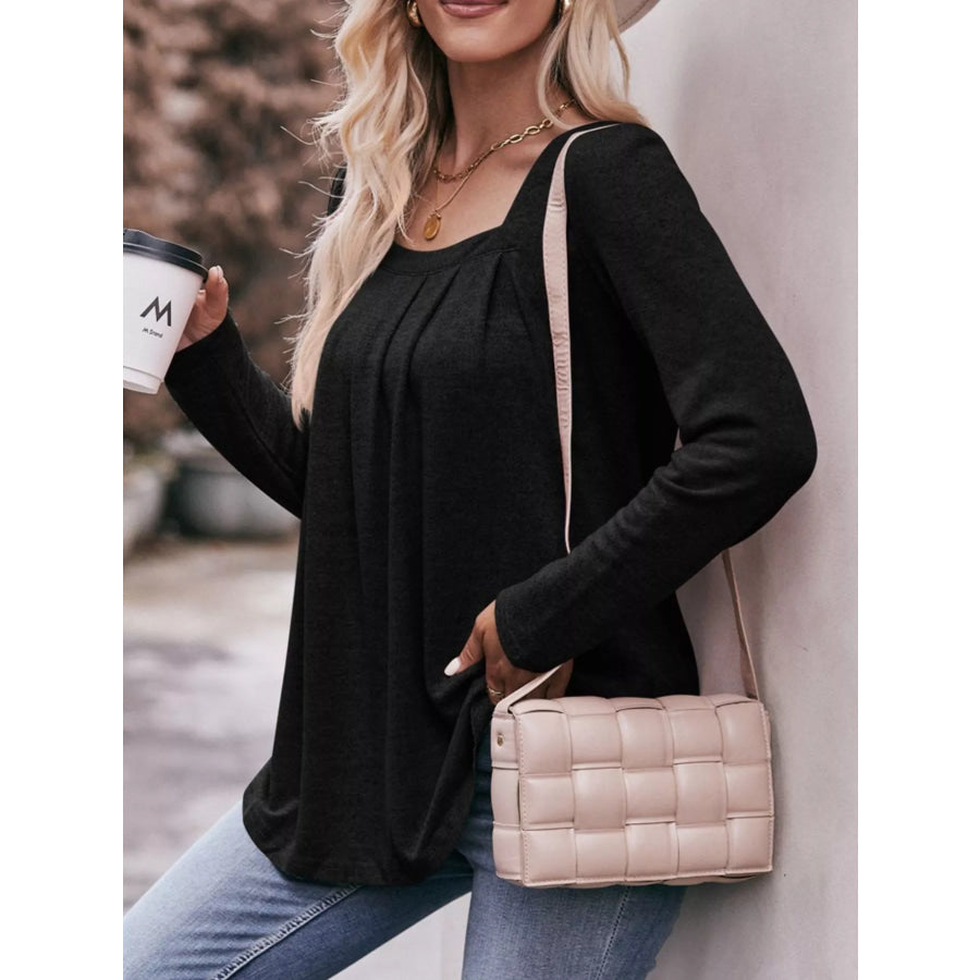 Pleated Square Neck Long Sleeve T-Shirt Black / S Apparel and Accessories