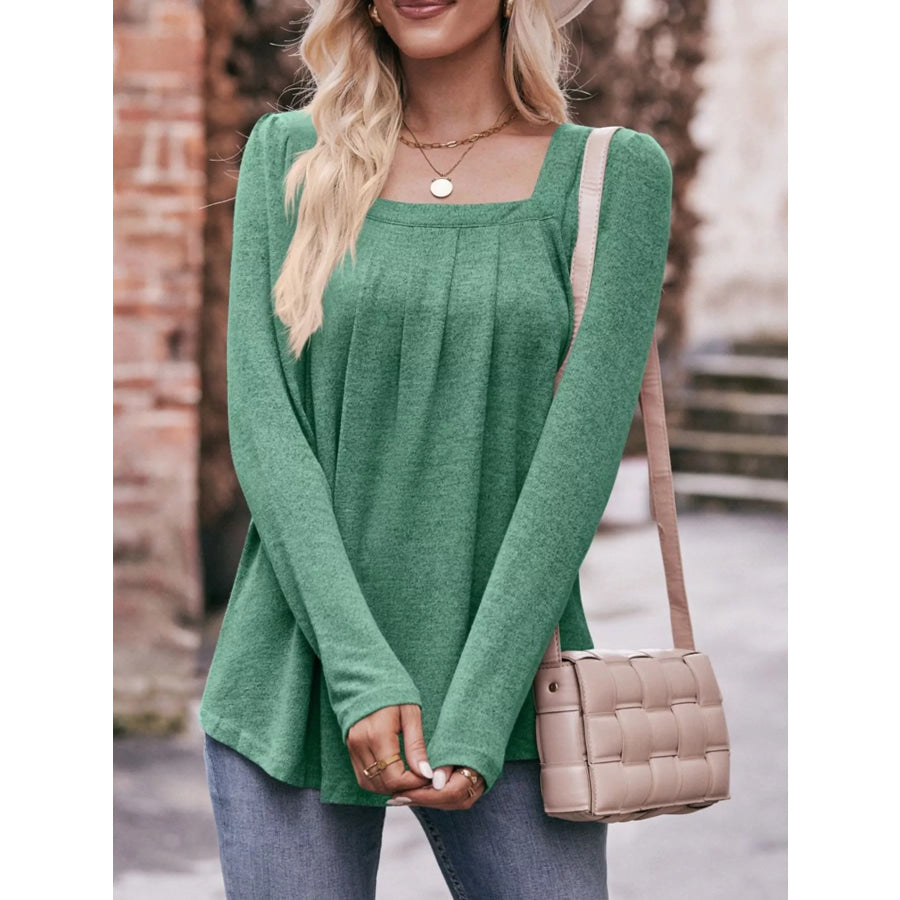 Pleated Square Neck Long Sleeve T-Shirt Green / S Apparel and Accessories