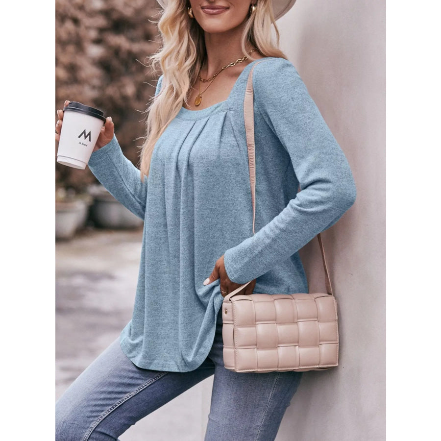 Pleated Square Neck Long Sleeve T-Shirt Light Blue / S Apparel and Accessories