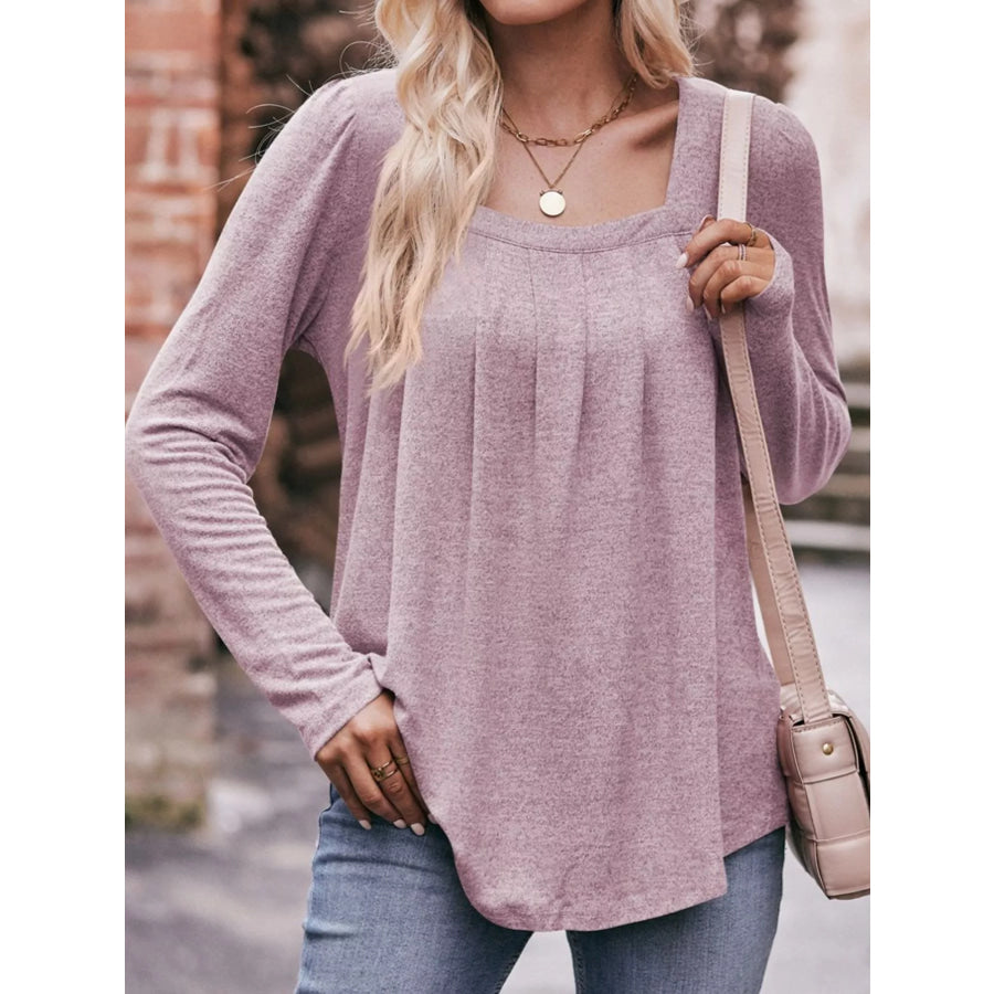 Pleated Square Neck Long Sleeve T-Shirt Pink Purple / S Apparel and Accessories