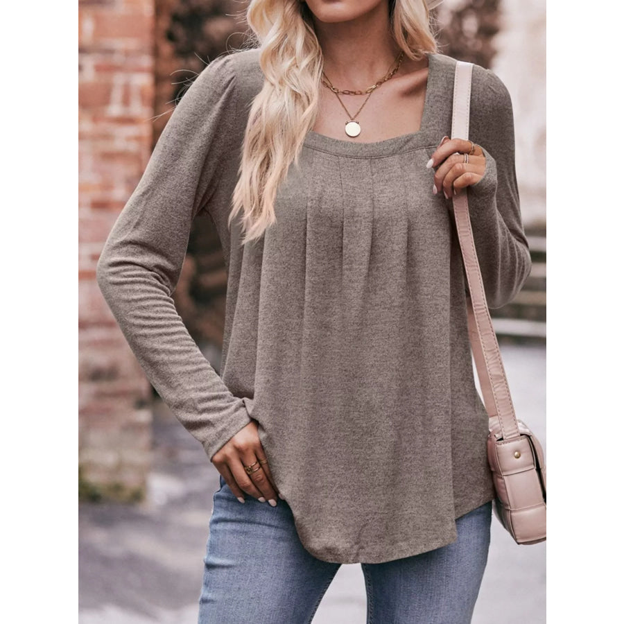 Pleated Square Neck Long Sleeve T-Shirt Taupe / S Apparel and Accessories