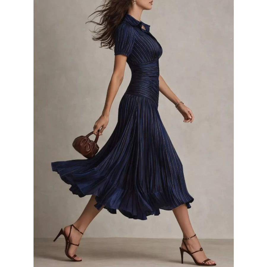Pleated Striped Short Sleeve Midi Dress Apparel and Accessories