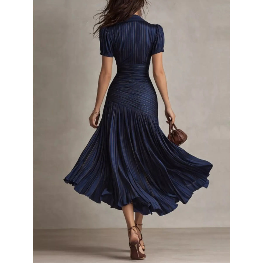 Pleated Striped Short Sleeve Midi Dress Apparel and Accessories