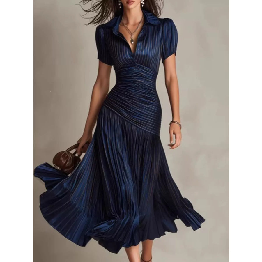 Pleated Striped Short Sleeve Midi Dress Dark Blue / M Apparel and Accessories