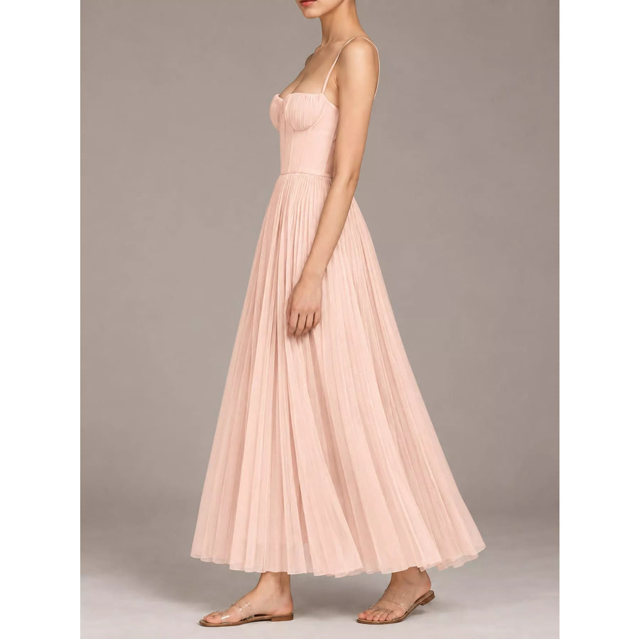 Pleated Sweetheart Neck Midi Dress Apparel and Accessories