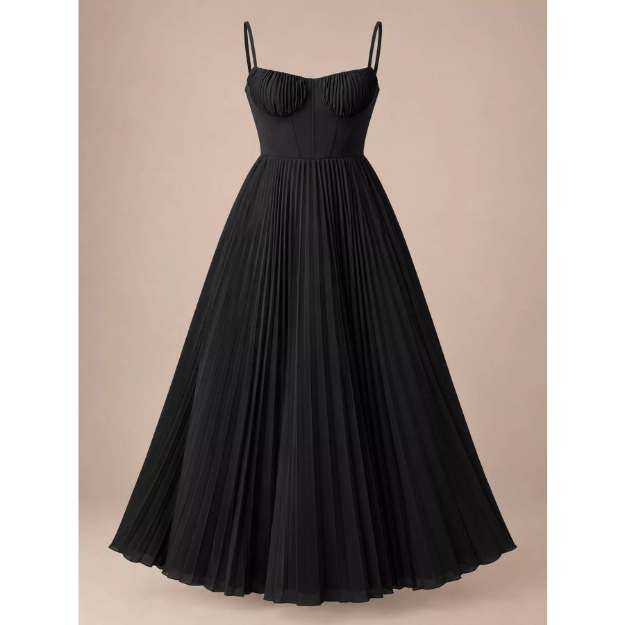 Pleated Sweetheart Neck Midi Dress Apparel and Accessories