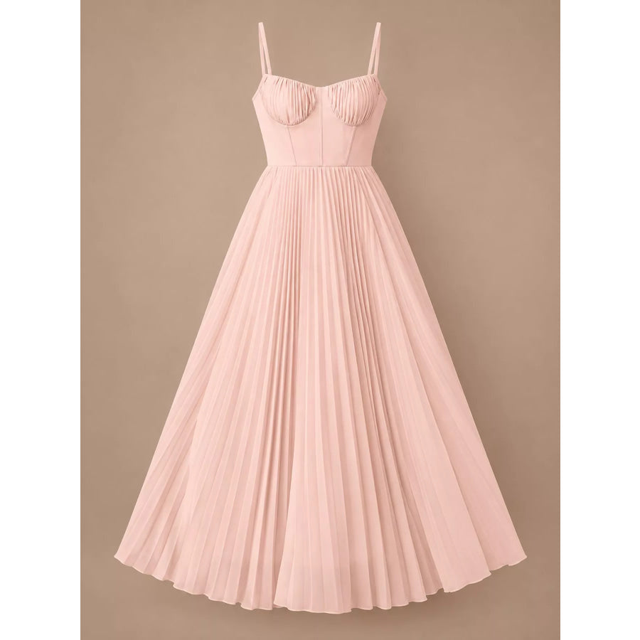 Pleated Sweetheart Neck Midi Dress Apparel and Accessories
