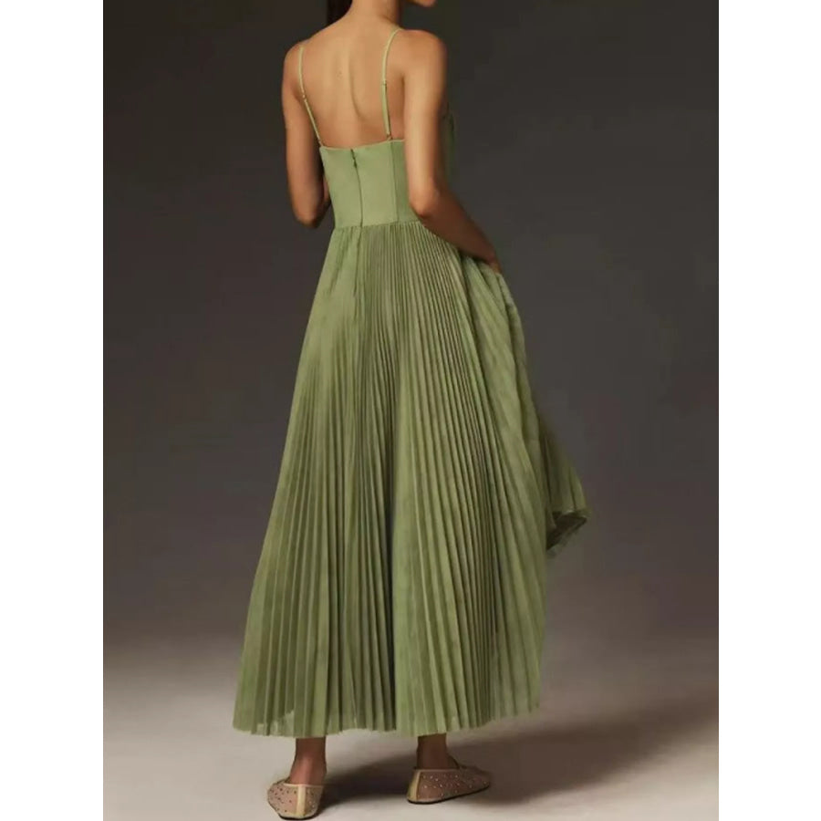 Pleated Sweetheart Neck Midi Dress Green / XS Apparel and Accessories