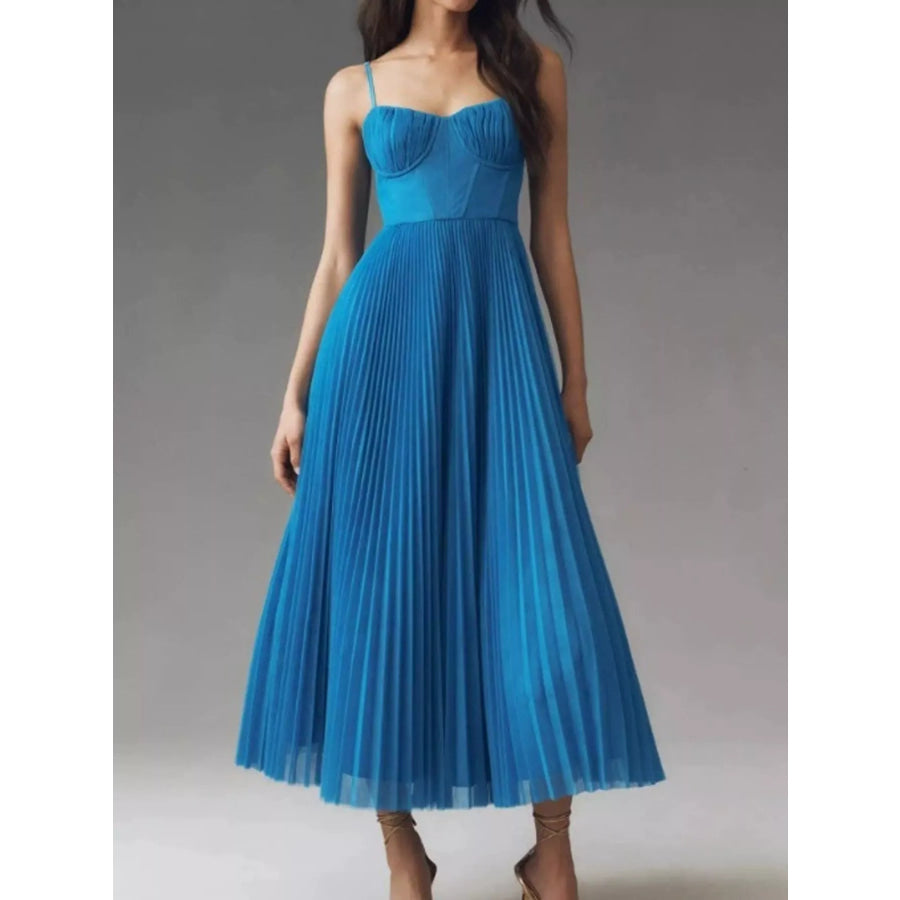 Pleated Sweetheart Neck Midi Dress Blue / XS Apparel and Accessories