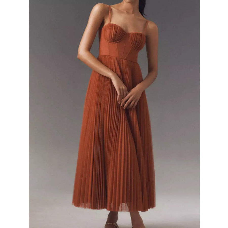 Pleated Sweetheart Neck Midi Dress Brown / XS Apparel and Accessories