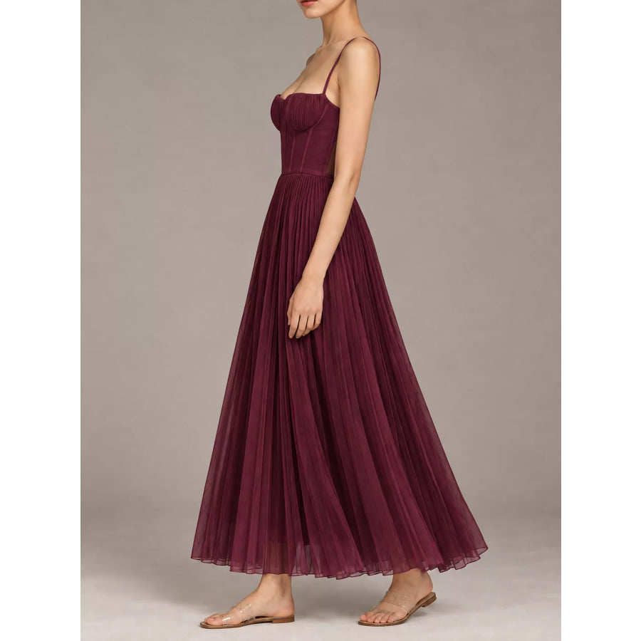 Pleated Sweetheart Neck Midi Dress Burgundy / XS Apparel and Accessories