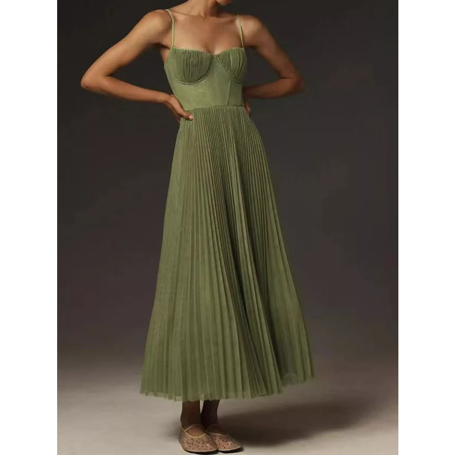 Pleated Sweetheart Neck Midi Dress Green / XS Apparel and Accessories