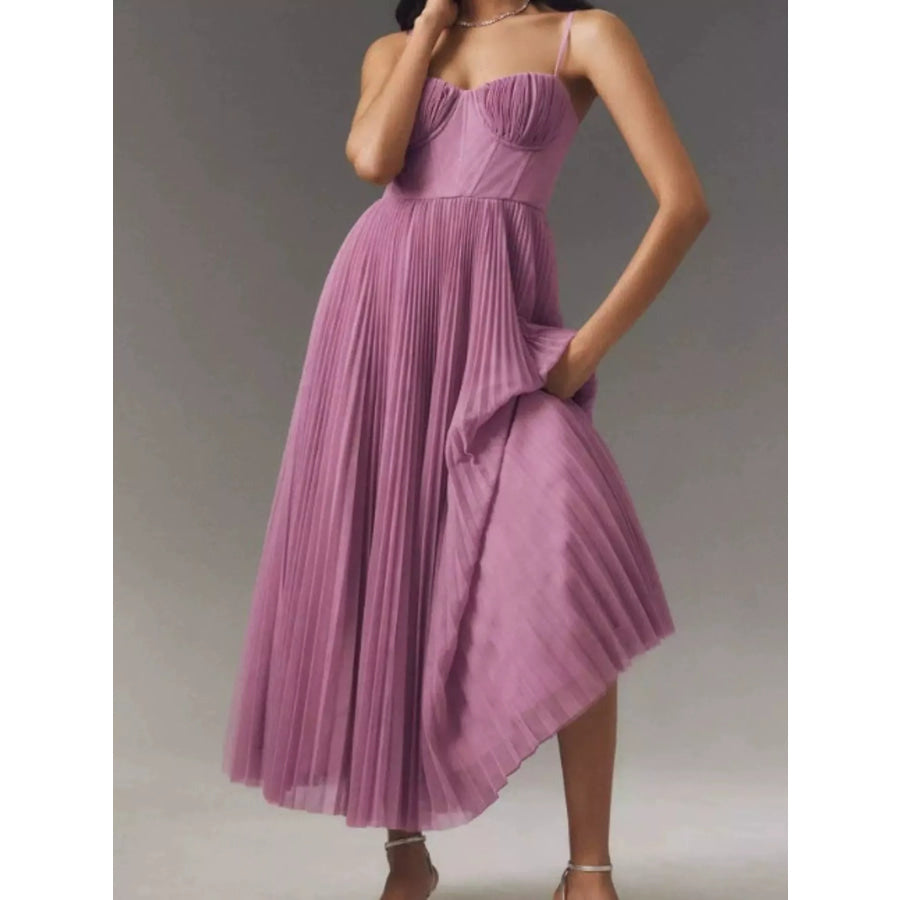 Pleated Sweetheart Neck Midi Dress Light Purple / XS Apparel and Accessories