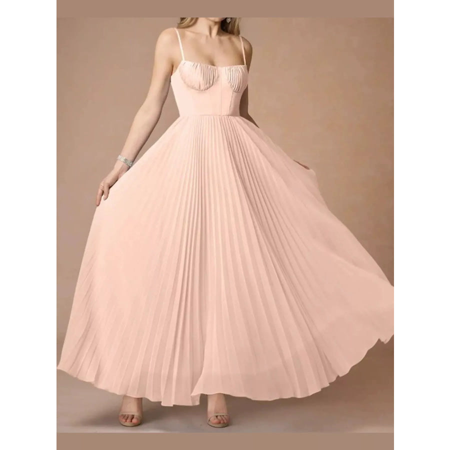 Pleated Sweetheart Neck Midi Dress Pink / XS Apparel and Accessories