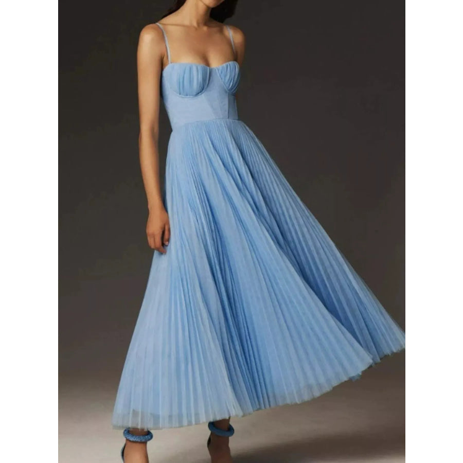 Pleated Sweetheart Neck Midi Dress Sky Blue / XS Apparel and Accessories