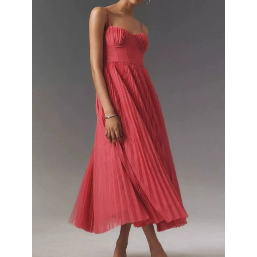 Pleated Sweetheart Neck Midi Dress Watermelon Red / XS Apparel and Accessories