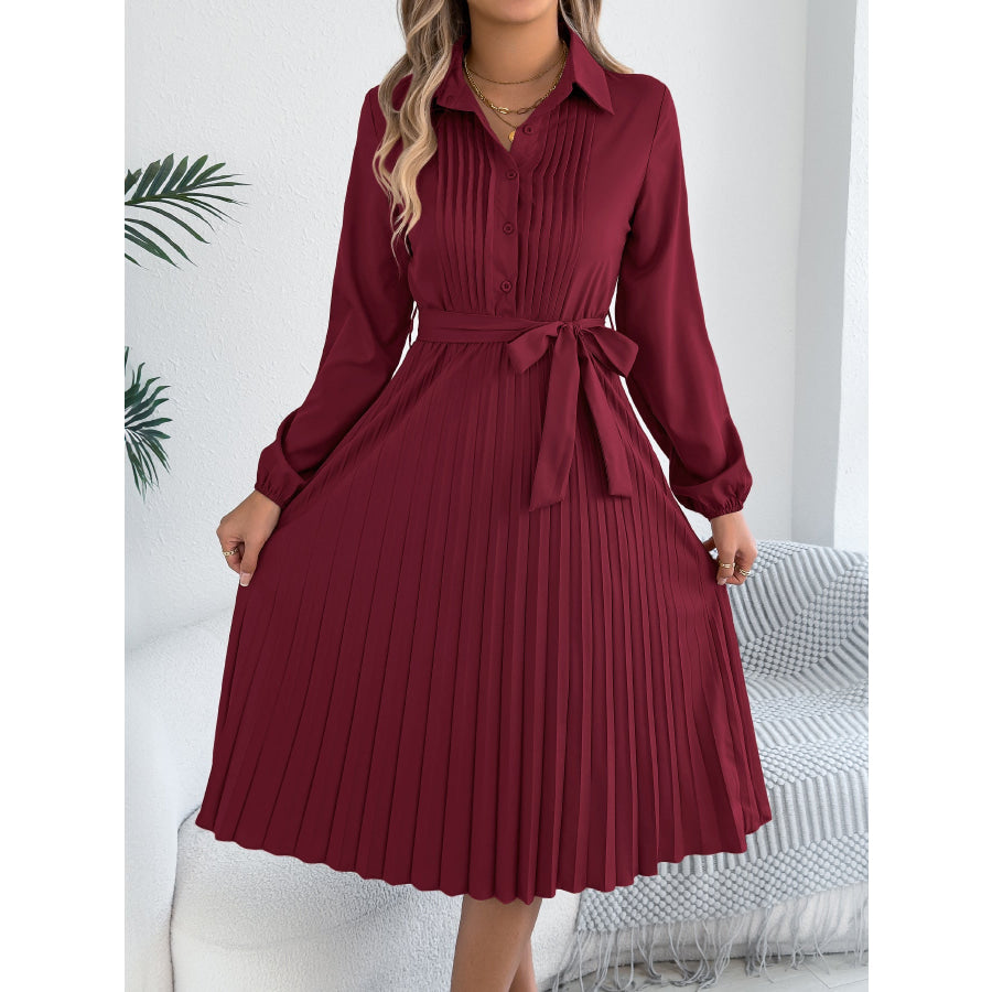 Pleated Tie Waist Balloon Sleeve Dress Apparel and Accessories
