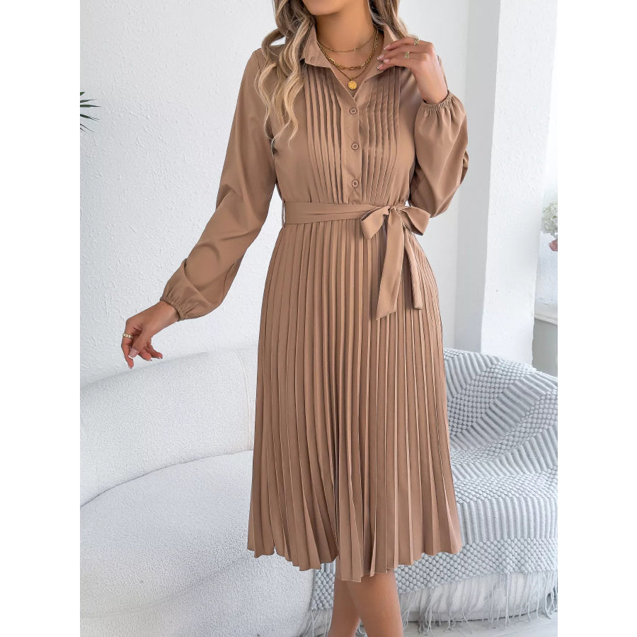 Pleated Tie Waist Balloon Sleeve Dress Apparel and Accessories