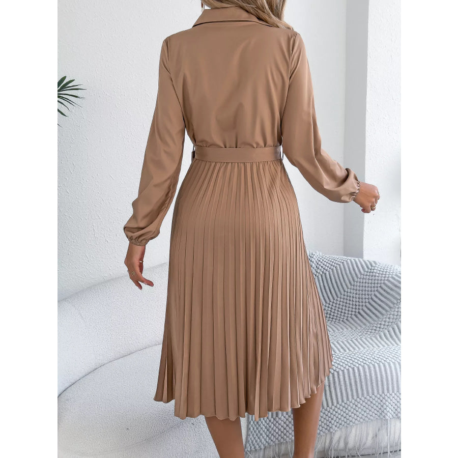 Pleated Tie Waist Balloon Sleeve Dress Apparel and Accessories