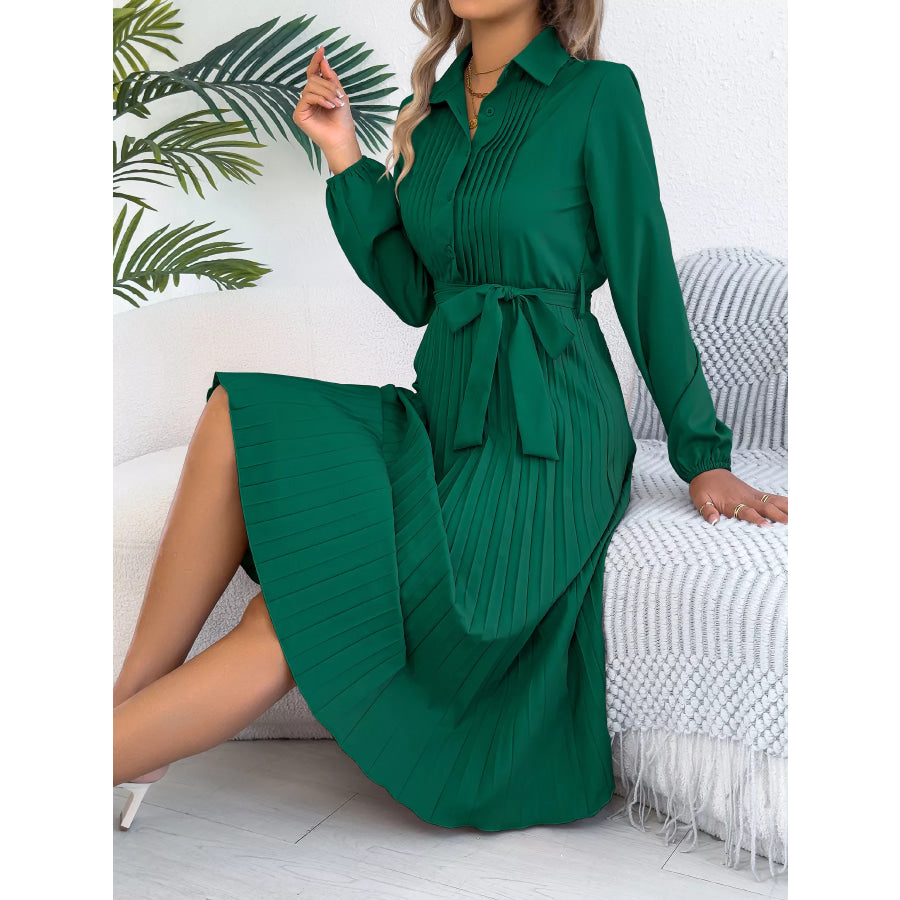 Pleated Tie Waist Balloon Sleeve Dress Apparel and Accessories