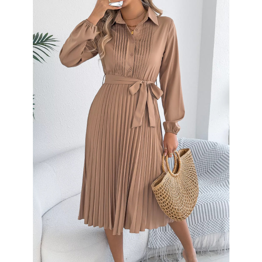 Pleated Tie Waist Balloon Sleeve Dress Apparel and Accessories