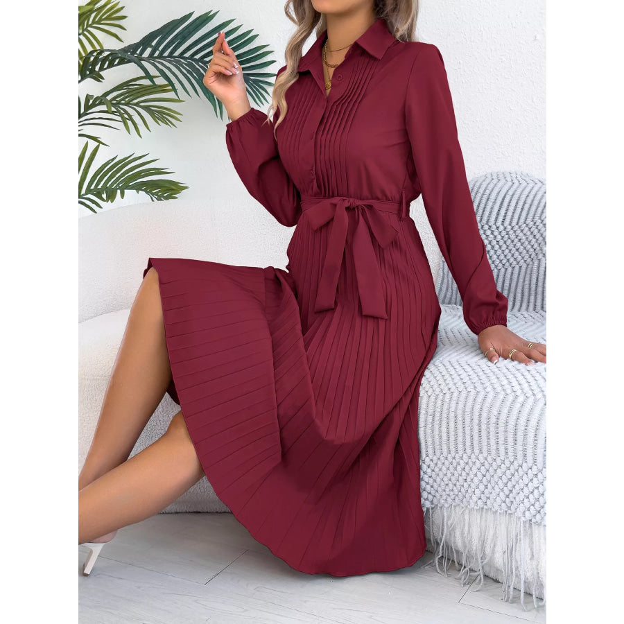 Pleated Tie Waist Balloon Sleeve Dress Apparel and Accessories