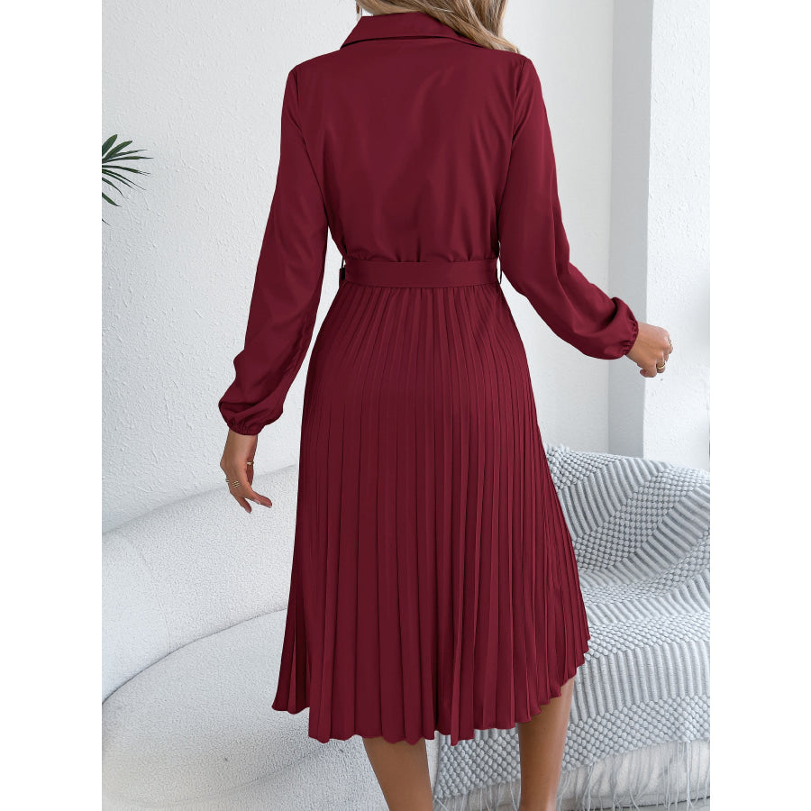 Pleated Tie Waist Balloon Sleeve Dress Apparel and Accessories