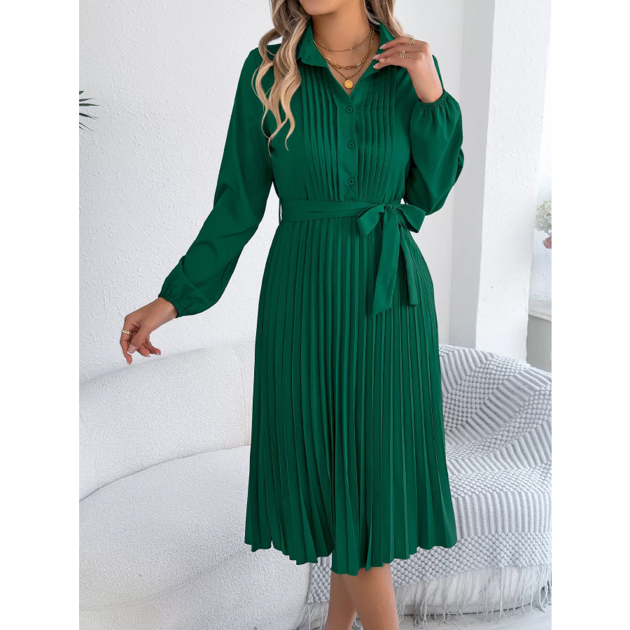 Pleated Tie Waist Balloon Sleeve Dress Apparel and Accessories