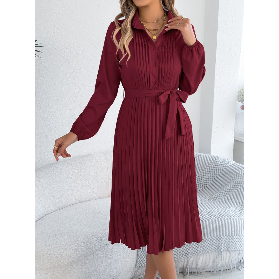 Pleated Tie Waist Balloon Sleeve Dress Apparel and Accessories